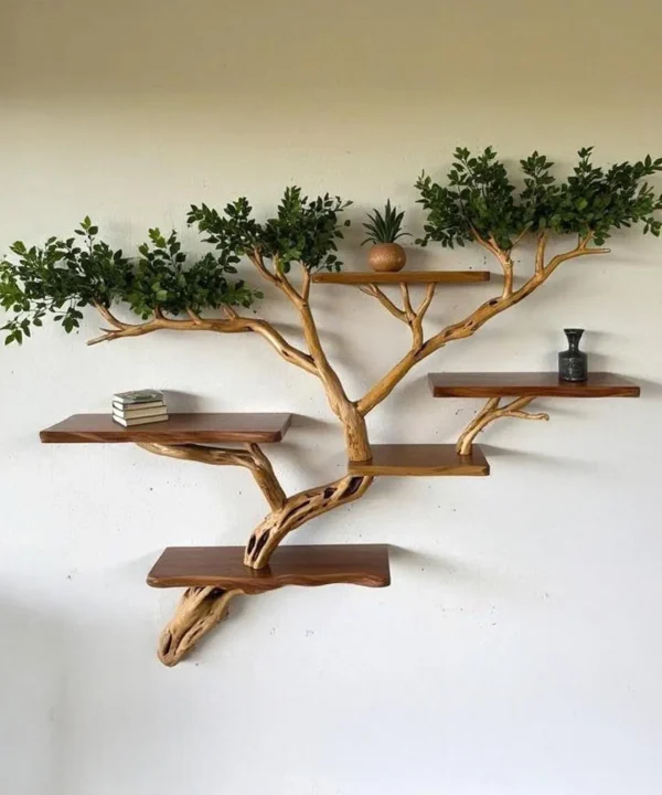 Corner Driftwood Tree Branch Floating Bookshelf For Artistic Living Room Storage