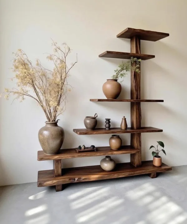 Solid Wood Tree Branch Wall Mounted Shelving Unit With Live Edge Display Tiers