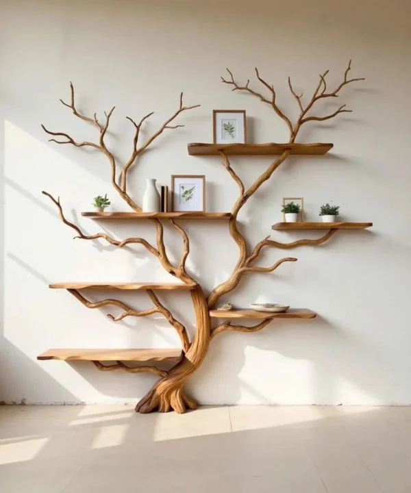 Driftwood Tree Corner Wall Shelf Bookcase For Rustic Home Library Decor