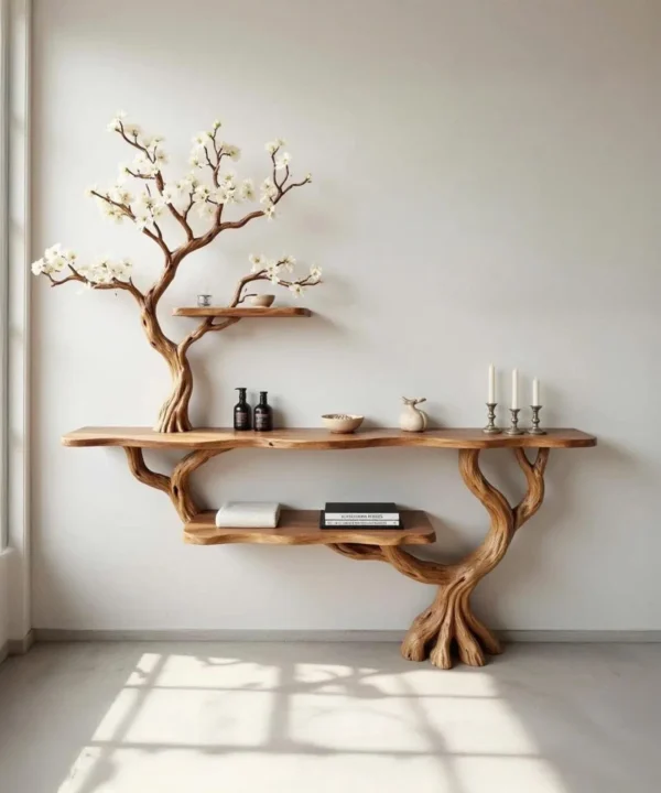 Artisan Driftwood Tree Wall Mounted Bookcase For Contemporary Living Spaces