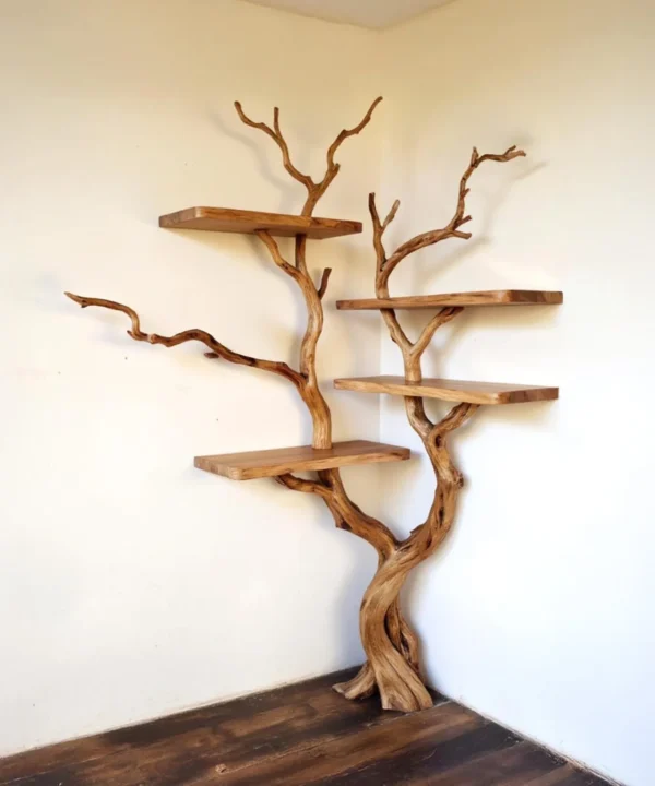 Organic Driftwood Branch Wall Bookcase With Sculpted Solid Wood Shelves