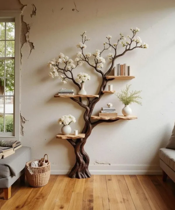 Floor To Wall Driftwood Corner Tree Bookcase With Floating Display Shelves
