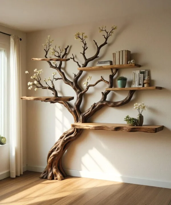 Driftwood Branch Wall Mounted Art Shelf For Books And Collectibles