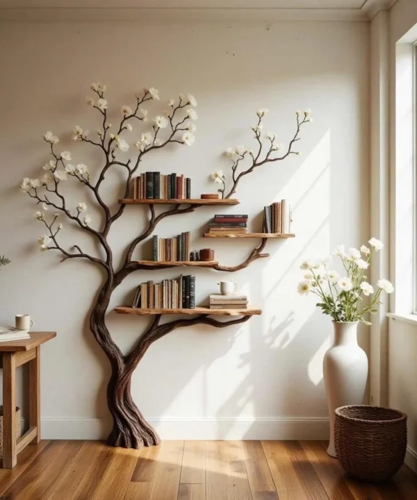 Carved Driftwood Corner Tree Bookshelf With Solid Wood Display Platforms