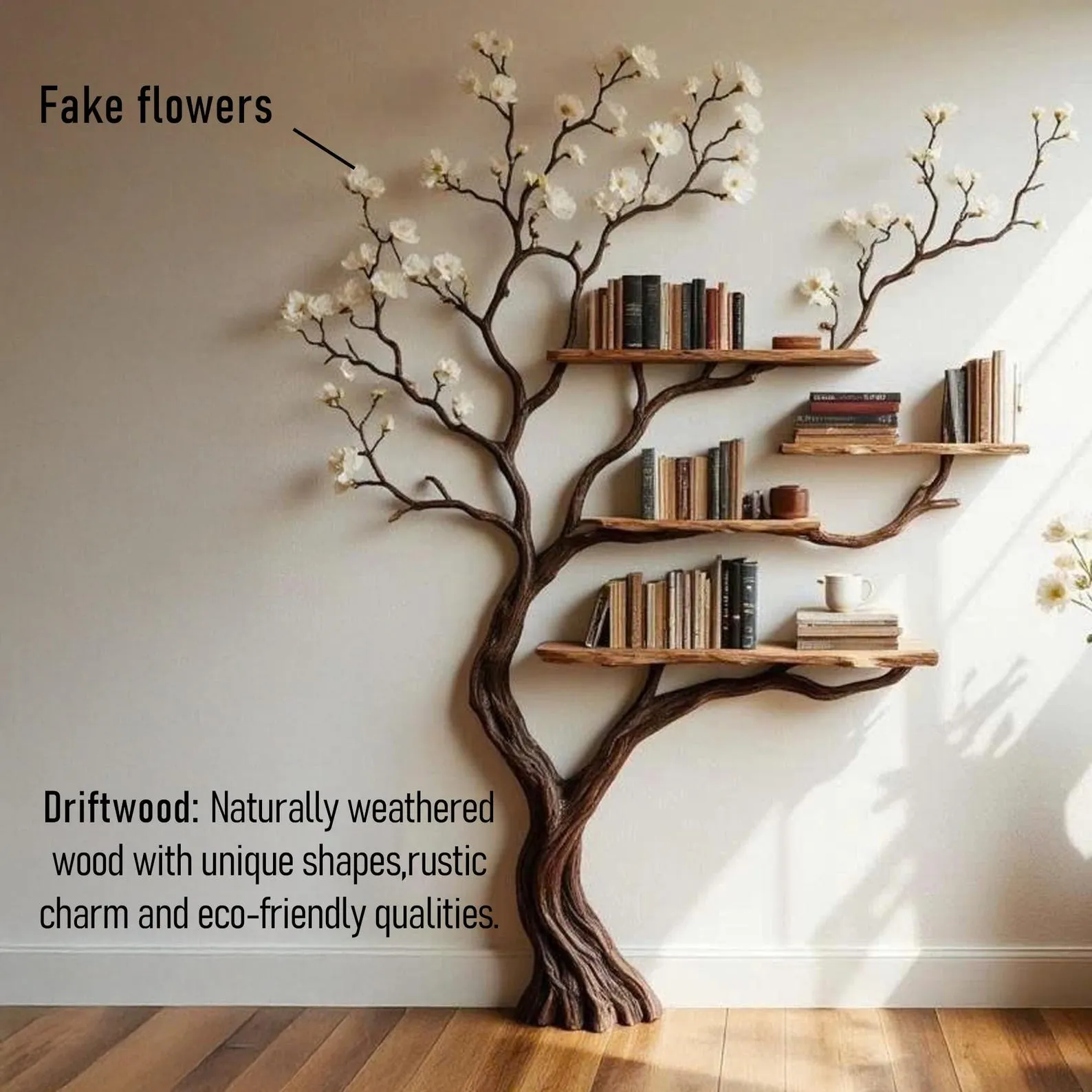 Carved Driftwood Corner Tree Bookshelf With Solid Wood Display Platforms - Image 6